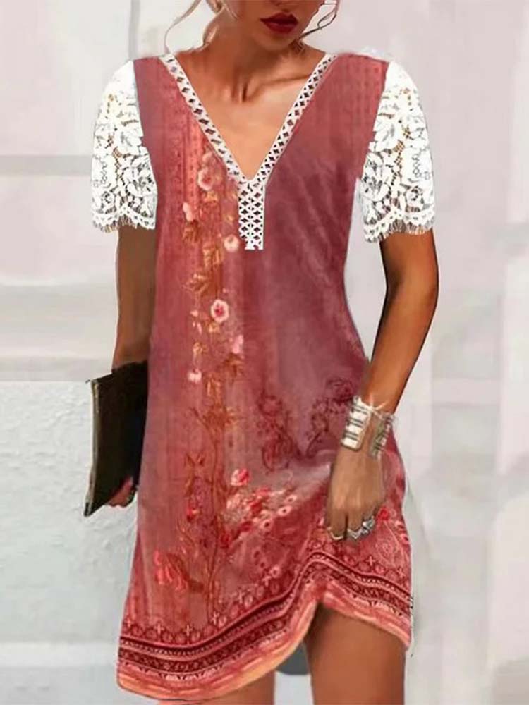 Lace Patchwork V-Neck Short Sleeve Mini Dress - View 3