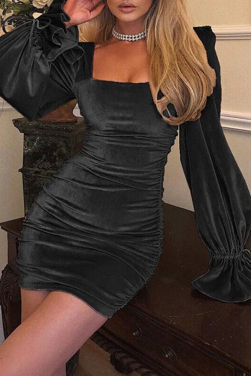 Square Neck Puff Sleeve Velvet Ruched Bodycon Mini Dress 3