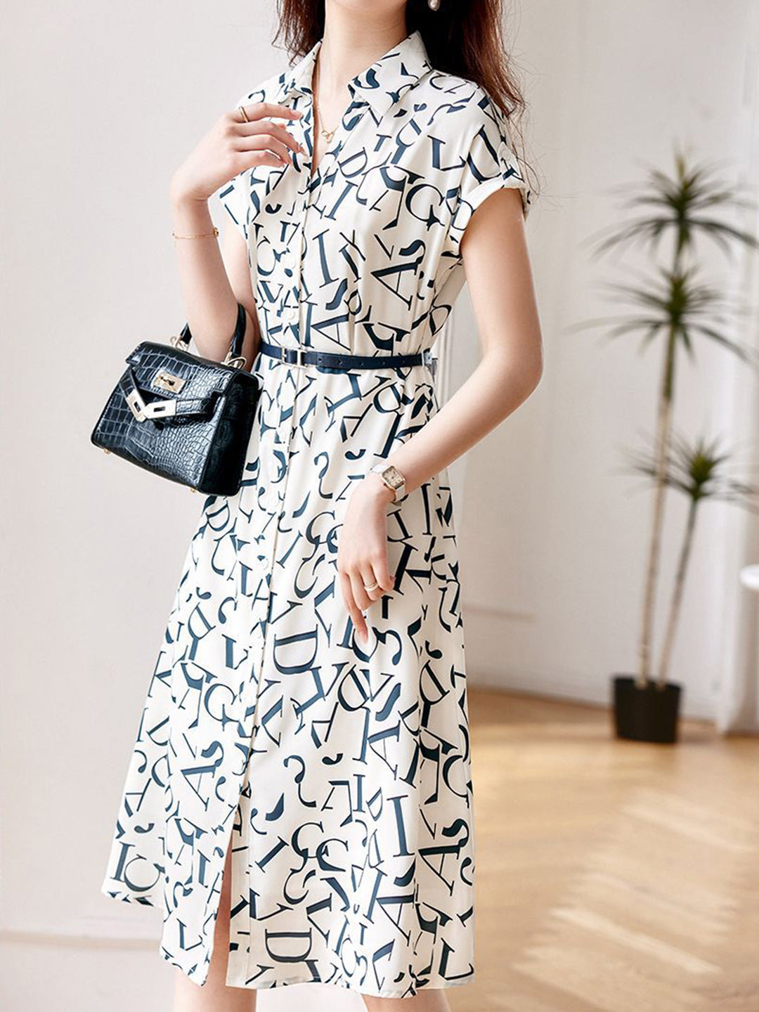 Letter Print Button Down Shirt Collar Cap Sleeve Belted Midi Dress - View 4