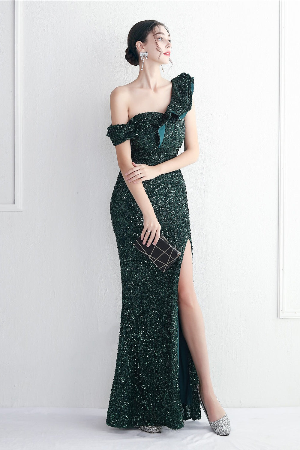 Sequin One Shoulder Ruffle High Split Mermaid Gown - View 8