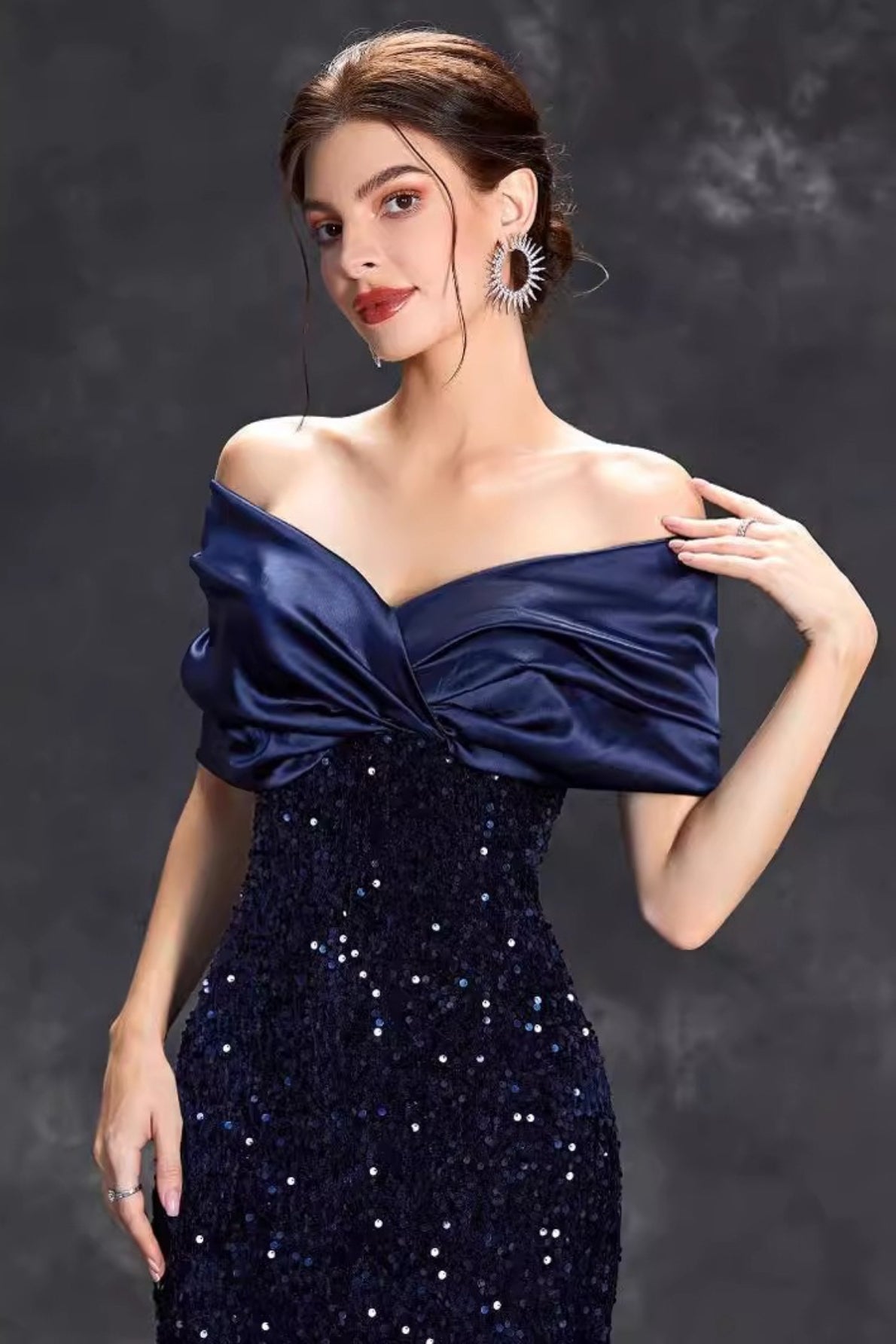 Sequin Off Shoulder Satin Twist Mermaid Maxi Gown - View 4