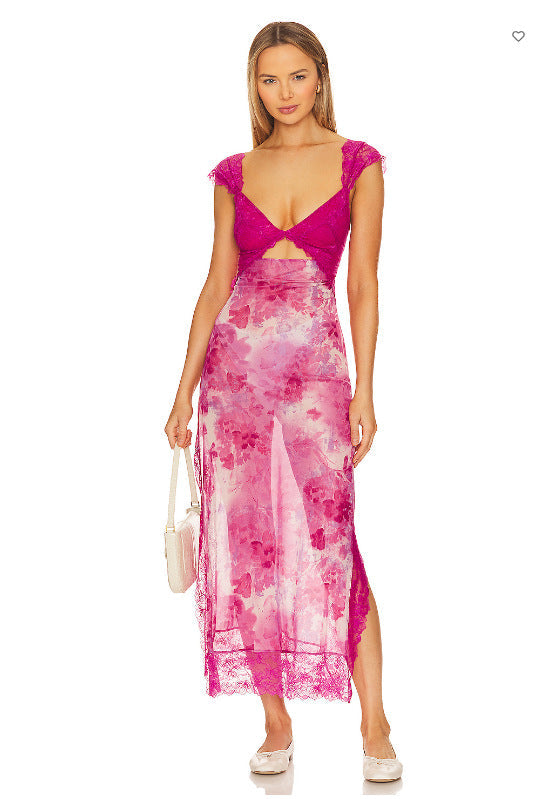 Floral Lace Trim Cut Out Slip Midi Dress 43