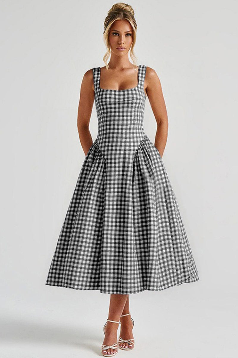 Plaid Square Neck Sleeveless Fit and Flare Midi Dress - View 11