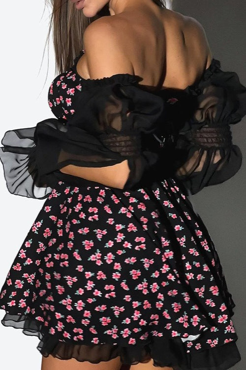 Off Shoulder Puff Sleeve Floral Print Fit and Flare Mini Dress - View 6