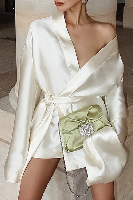 Elegant Satin Long Sleeve V Neck Tie  Cocktail Dress - View 2
