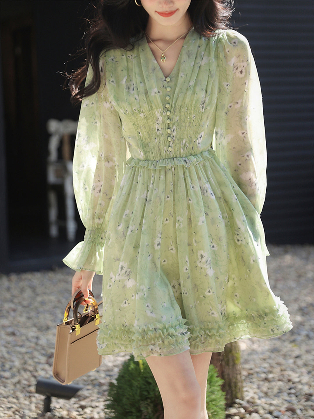 Floral Print V-Neck Button Front Smocked Waist Mini Dress - View 16