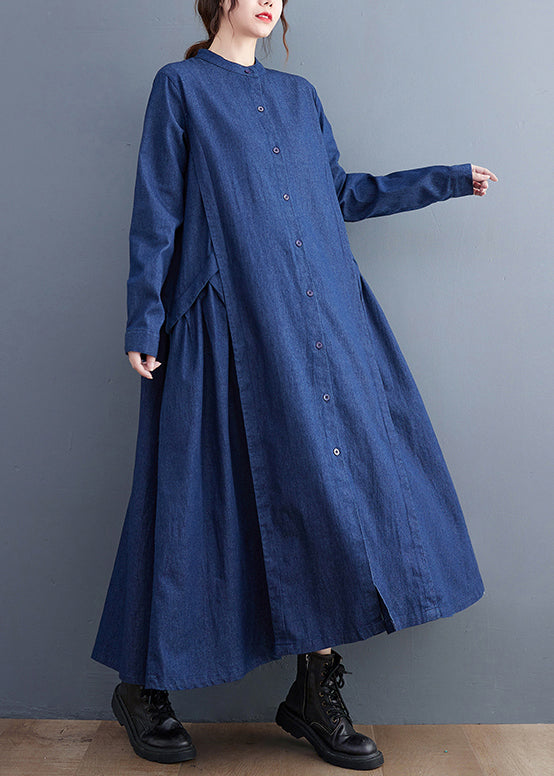 Denim Mandarin Collar Button Front Pleated Side Panel Maxi Dress - View 4