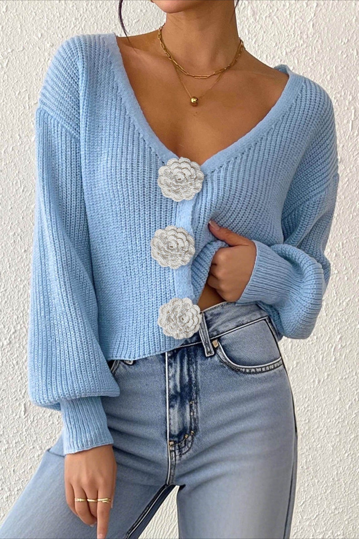 Button Front Crochet Knit Crop Sweater