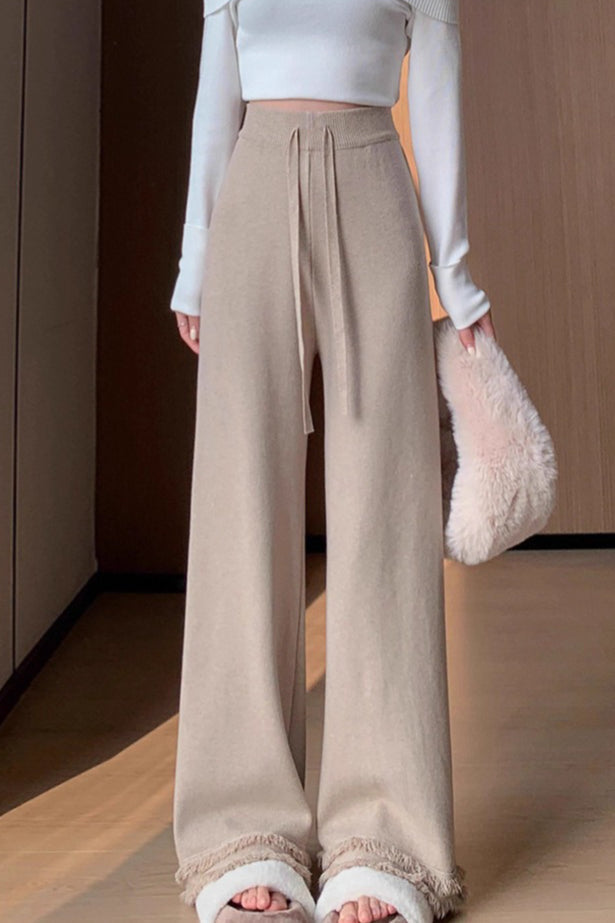 High Waist Fringed Hem Knit Pants