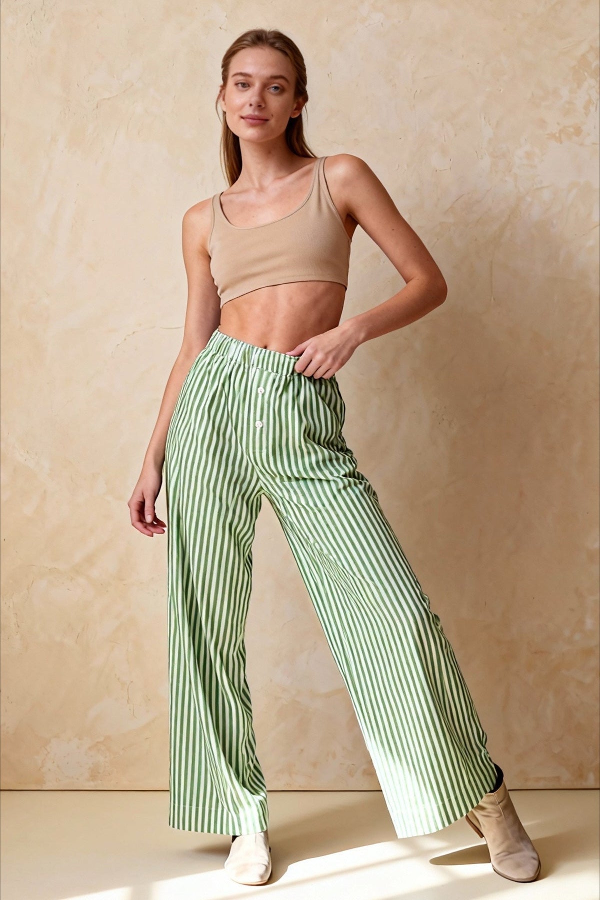 Retro Striped Button High Waist Straight Pant
