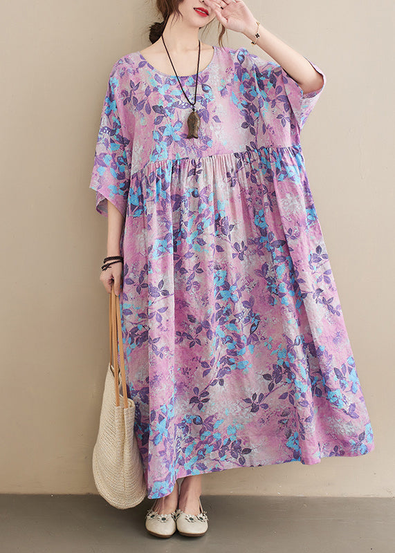 Botanical Print Round Neck Drop Shoulder Short Sleeve Maxi Dress