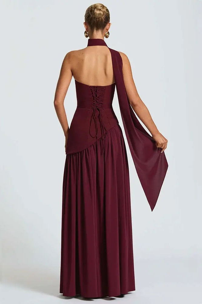 Satin Strapless High Split Asymmetric Draped Maxi Dress - View 6