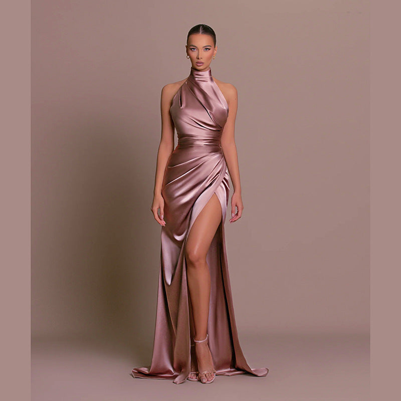 Satin Halter Neck Ruched Wrap High Split Maxi Gown