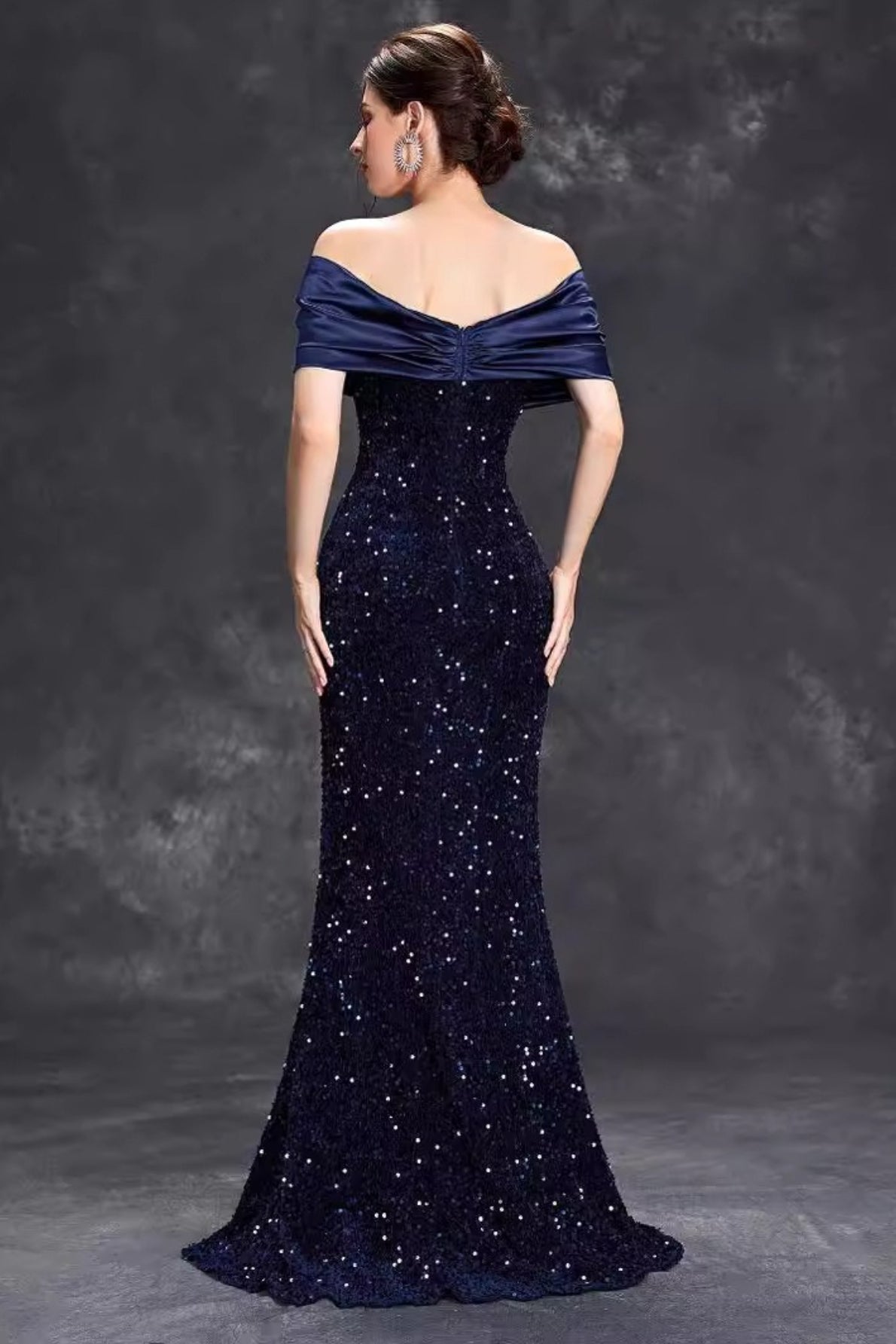 Sequin Off Shoulder Satin Twist Mermaid Maxi Gown - View 3