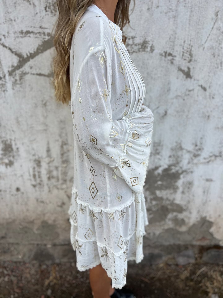V-Neck Mandarin Collar Button Front Tiered Ruffle Lace Trim Mini Dress - View 10