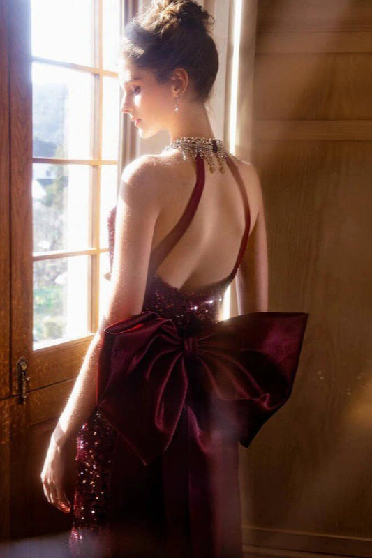 Sequin Halter Neck Plunge Backless Mermaid Gown - View 4