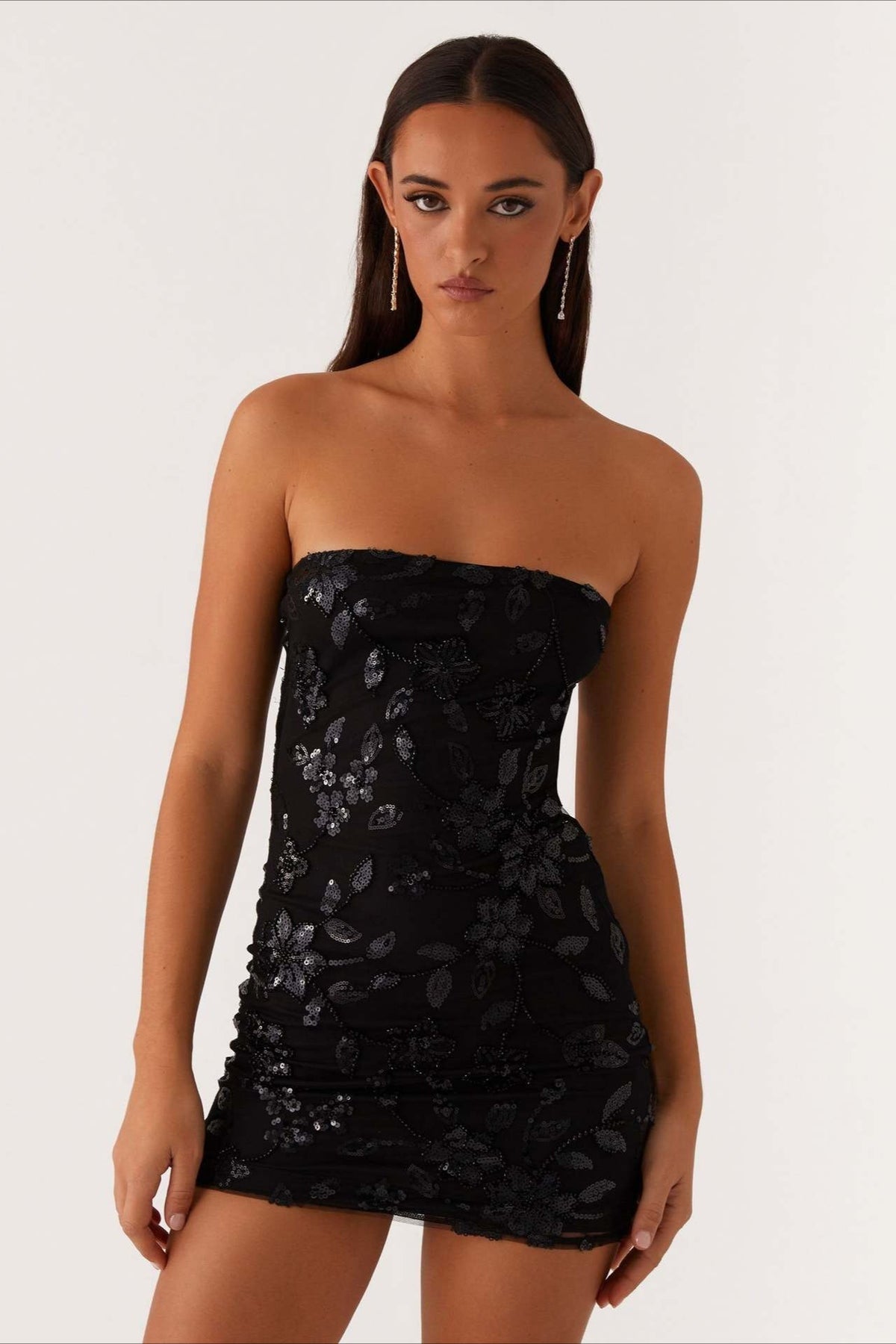 Floral Sequin Strapless Ruched Bodycon Mini Dress - View 17