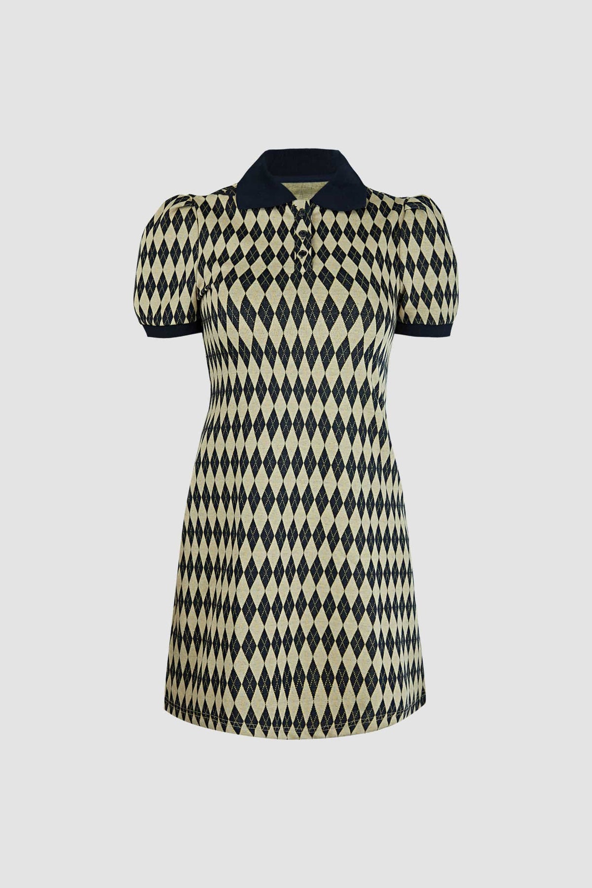 Argyle Knit Polo Collar Puff Sleeve Contrast Trim Mini Dress - View 8