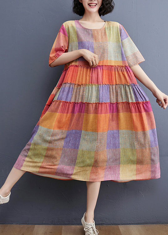 Plaid Print Crew Neck Short Sleeve Tiered Ruffle Oversized Midi Dress - View 4