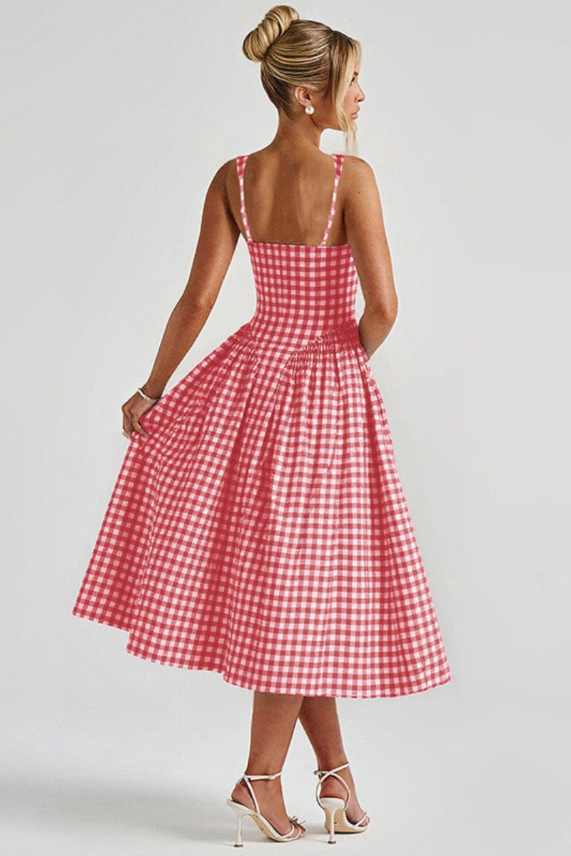 Plaid Square Neck Sleeveless Fit and Flare Midi Dress - View 10