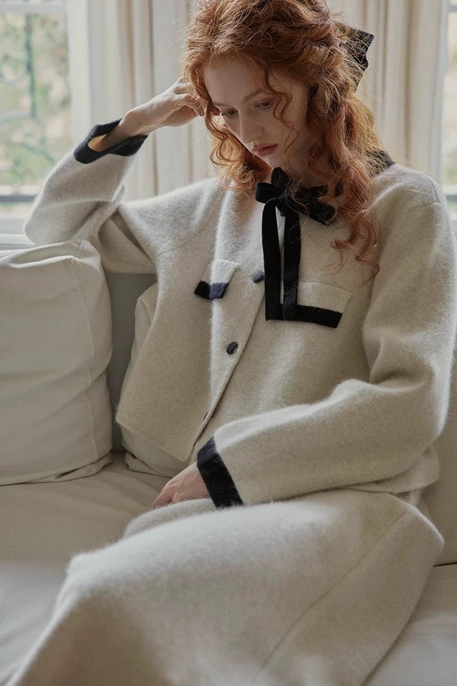 Pastel Color Block Bow Sweater Tweed Suit Set