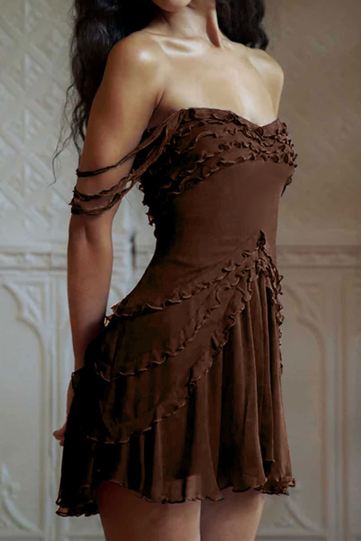 Sheer Mesh Off Shoulder Ruffle Ruched Bodycon Mini Dress - View 7