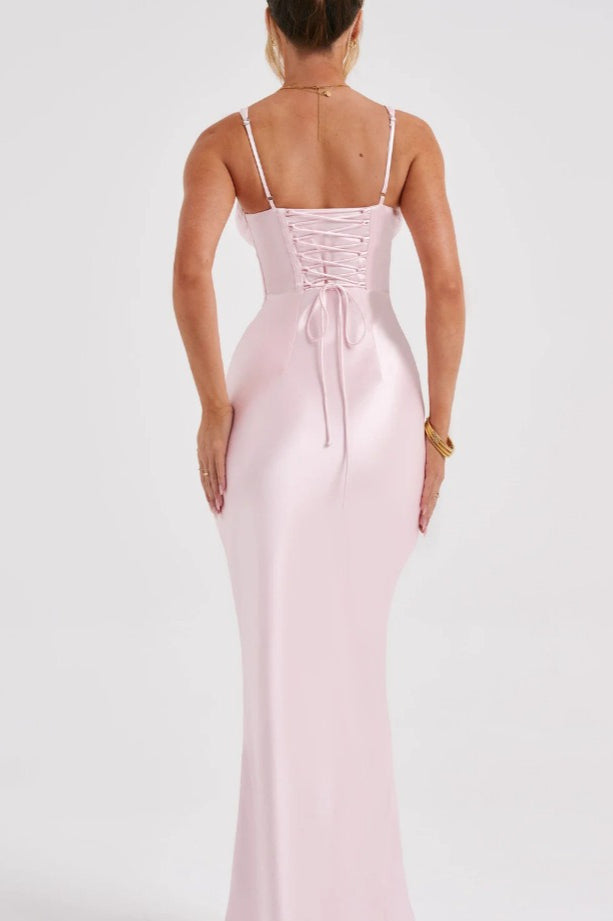 Satin Corset Deep V-Neck Pleated Bust Wide Strap Bodycon Maxi Gown - View 4