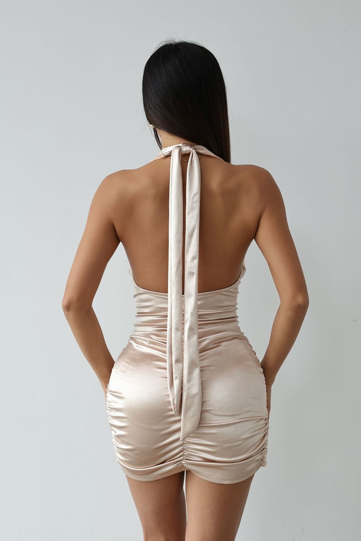 Halter Neck Plunge Ruched Wrap Satin Bodycon Mini Dress 4