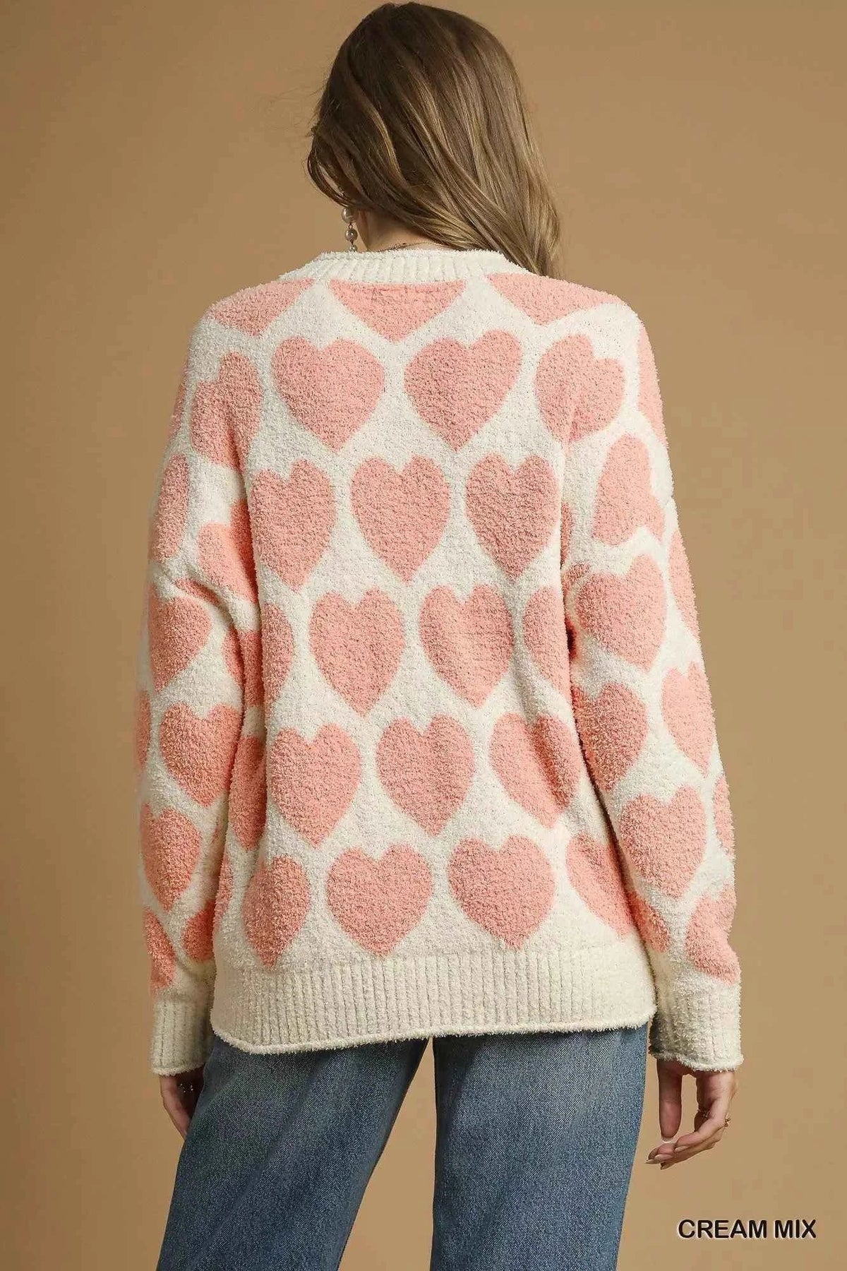 Mix Heart Pattern Pearl Accent Sweater