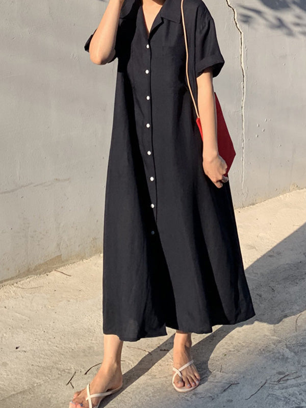 Notched Collar Button Front Patch Pocket Rolled Maxi Shirt Dress - View 7