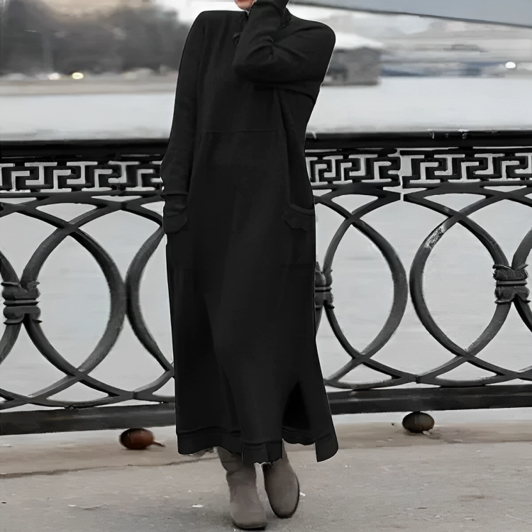 Knit Mock Neck Long Sleeve Scalloped Pocket Distressed Hem Maxi Dress - View 2