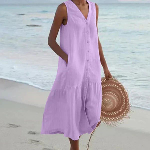 V-Neck Button Front Sleeveless Tiered Pocket Shift Midi Summer Dress - View 5
