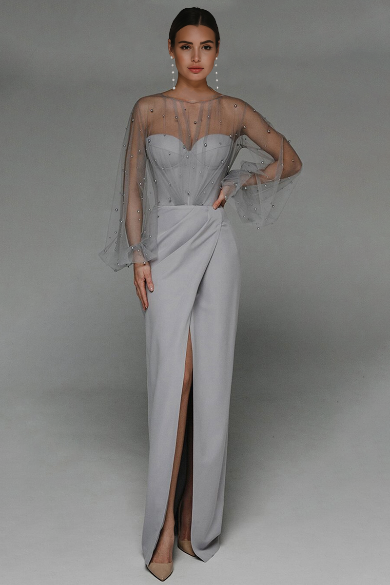 Mesh Pearl Embellished Bishop Sleeve Corset Bodice Wrap Maxi Gown