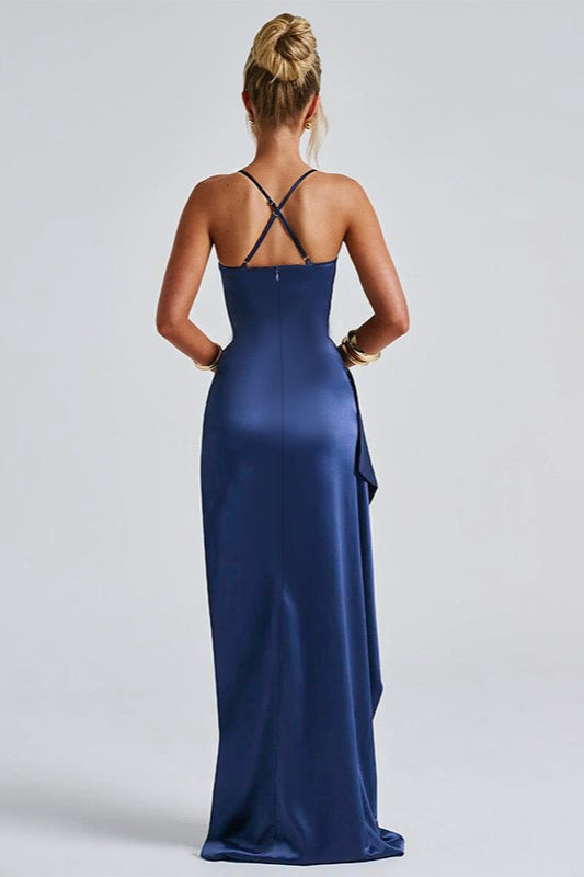 Satin Cowl Neck Spaghetti Strap Ruched High Split Maxi Dress - View 4