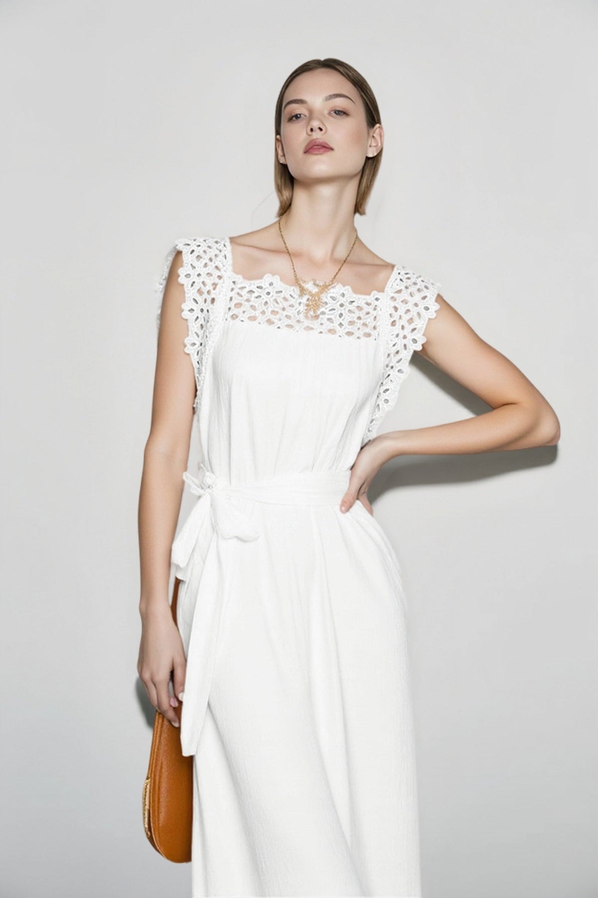 Eyelet Square Neck Ruffle Strap Belted Scalloped Hem Midi Dress 2
