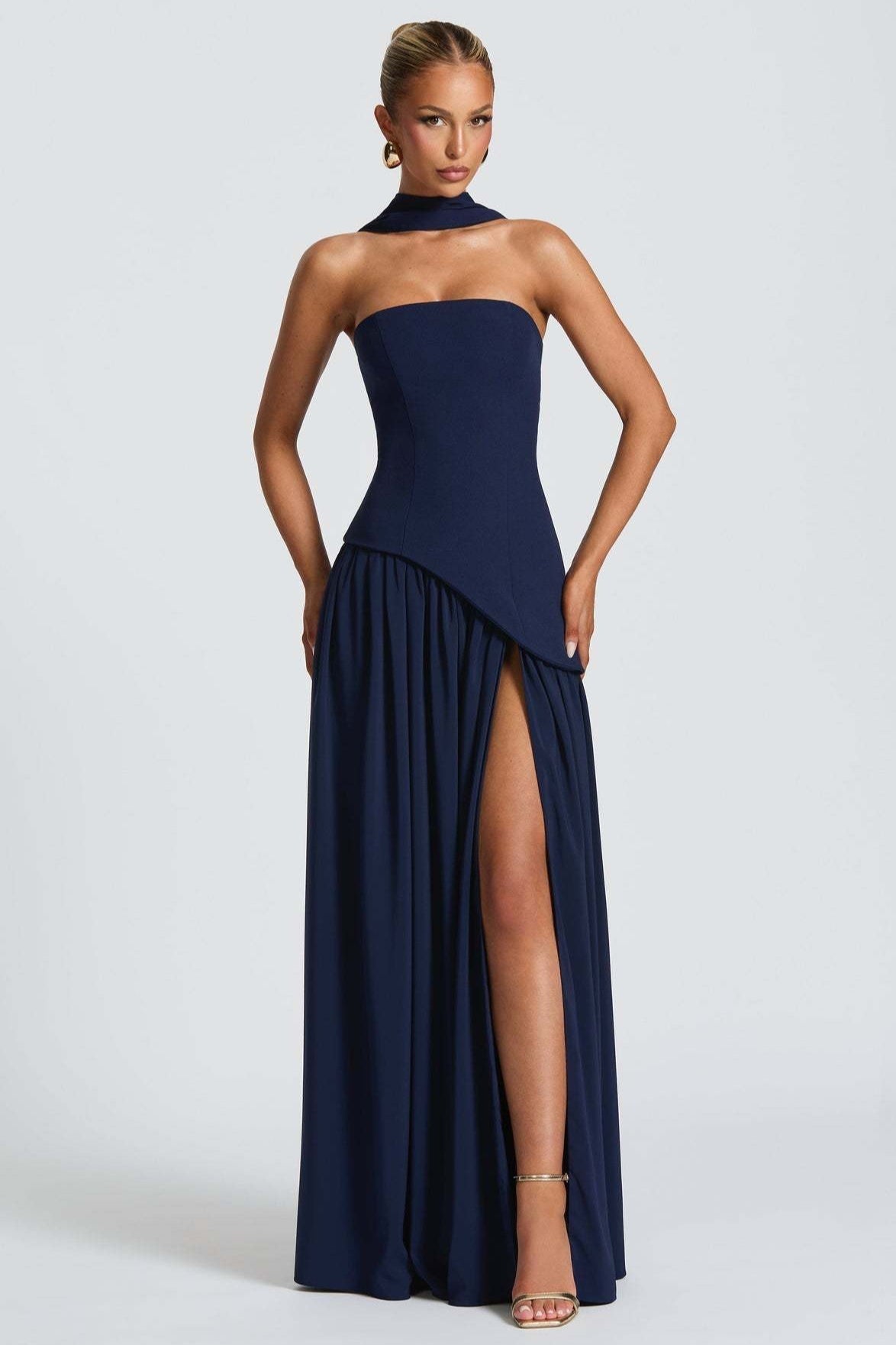 Strapless Scarf Neck High Split Draped Maxi Gown - View 16