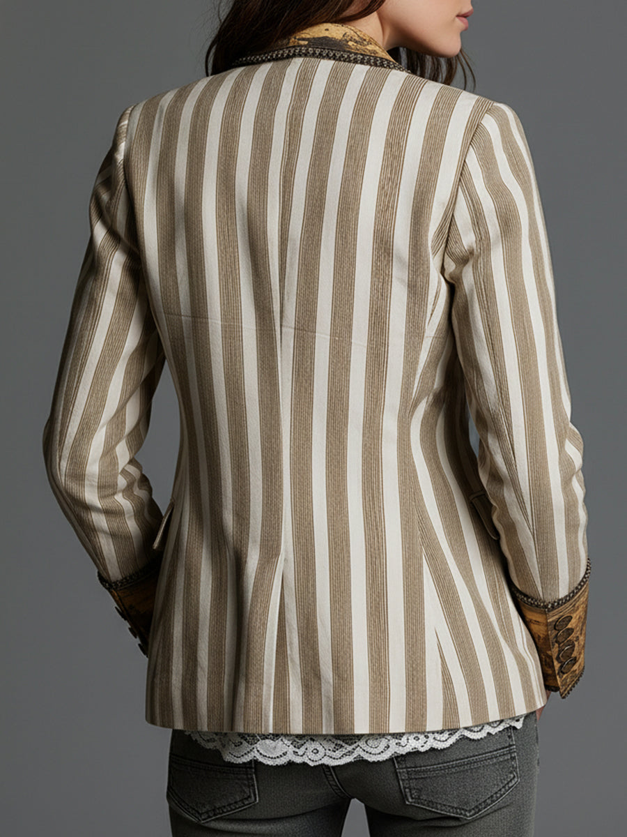 Striped Contrast Print Lapel Single Button Blazer 3