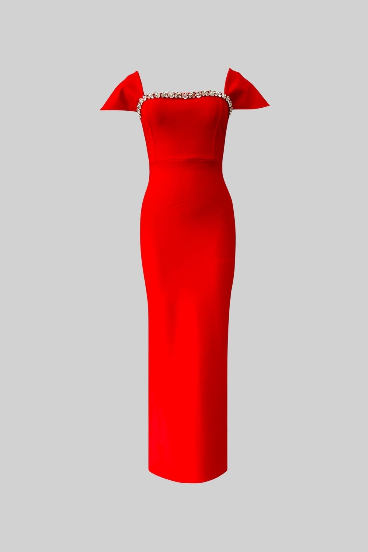 Square Neck Flutter Sleeve Rhinestone Trim Column Maxi Gown - View 2