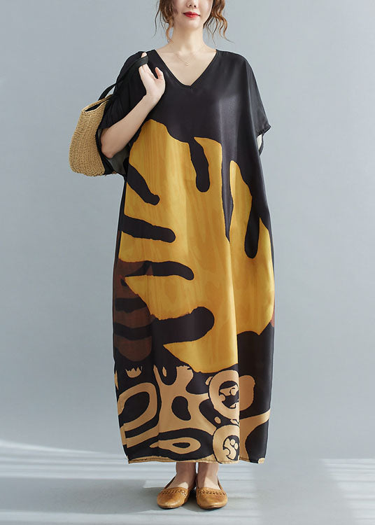 Chiffon V-Neck Short Sleeve Abstract Leaf Print Kaftan Maxi Dress