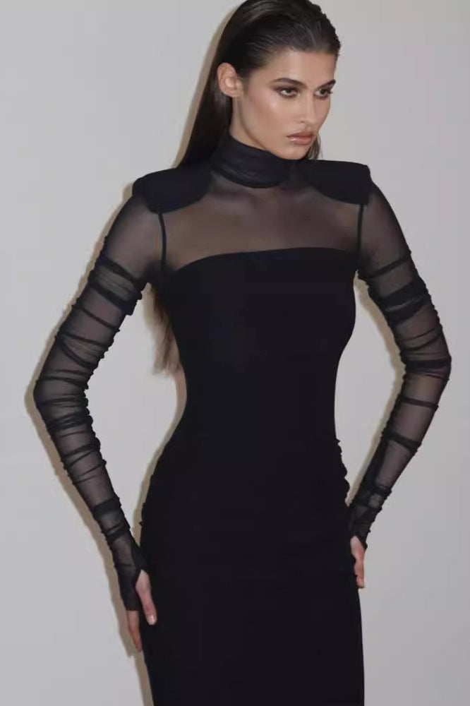 Mesh High Neck Long Sleeve Ruched Bodycon Midi Dress - View 2