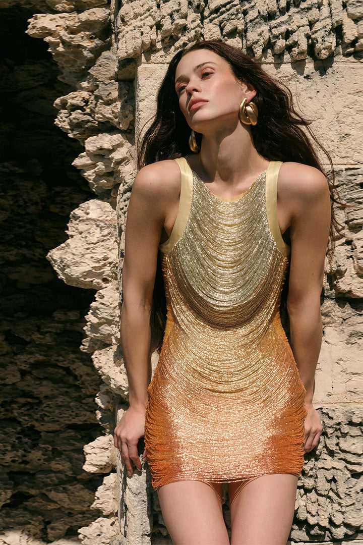 Round Neck Beaded Fringe Ruched Bodycon Mini Dress