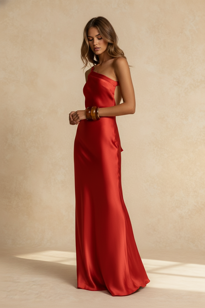 Satin One Shoulder Twisted Strap Draped Sash Bodycon Maxi Gown - View 5