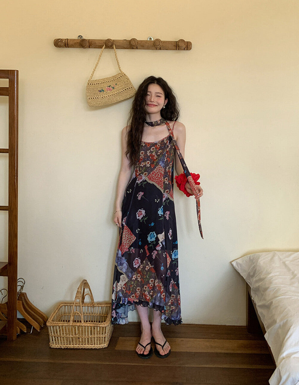 Floral Patchwork Spaghetti Strap Ruffle Maxi Dress 32