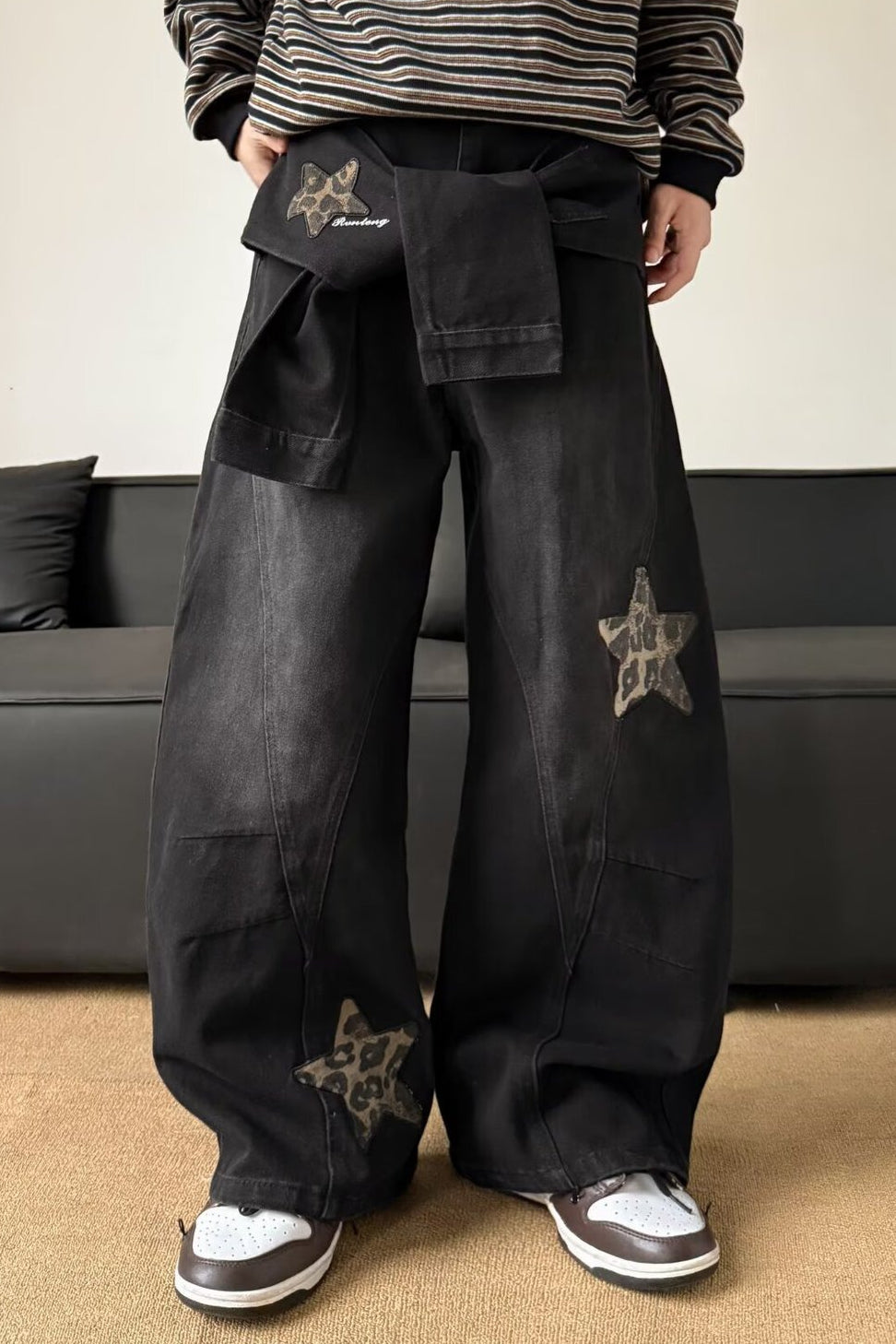 Vintage Washed Patchwork Wide-Leg Denim Jeans