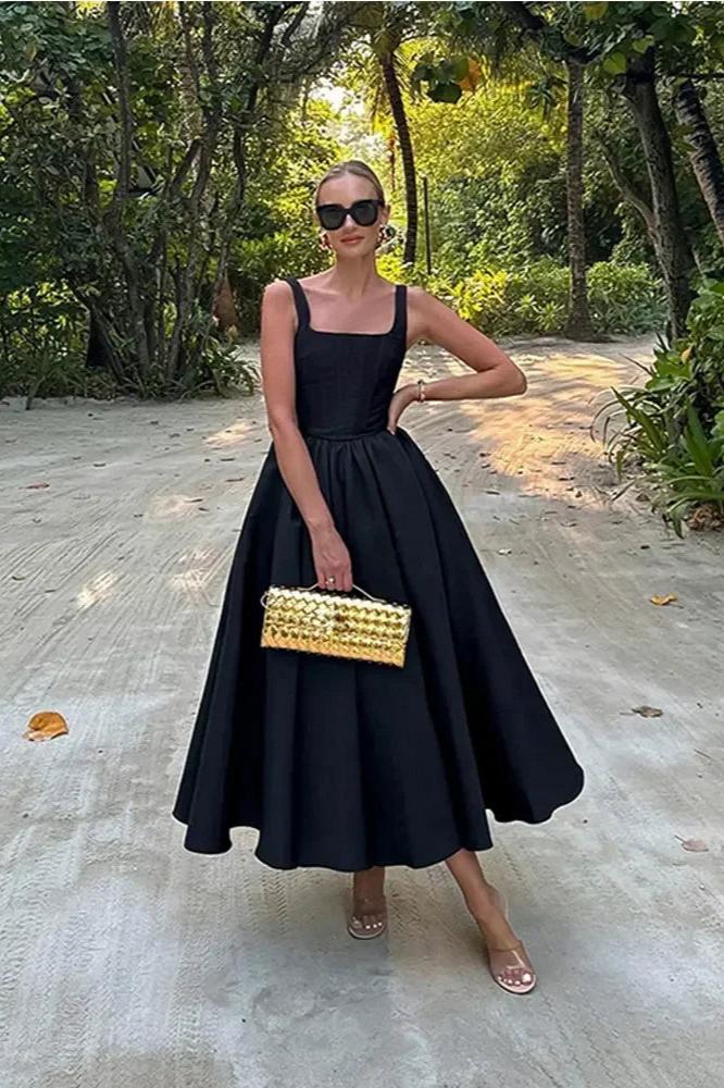 Square Neck Corset Bodice Wide Strap Gathered A-Line Midi Dress