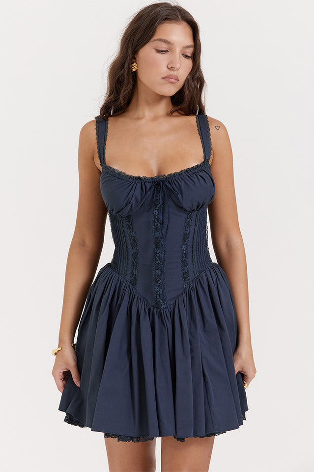 Lace Trim Corset Drop Waist Fit and Flare Mini Dress in Navy