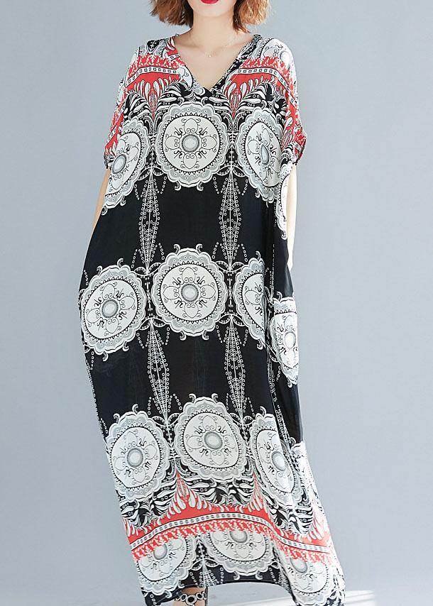 Mandala Medallion Print V-Neck Batwing Sleeve Border Maxi Dress