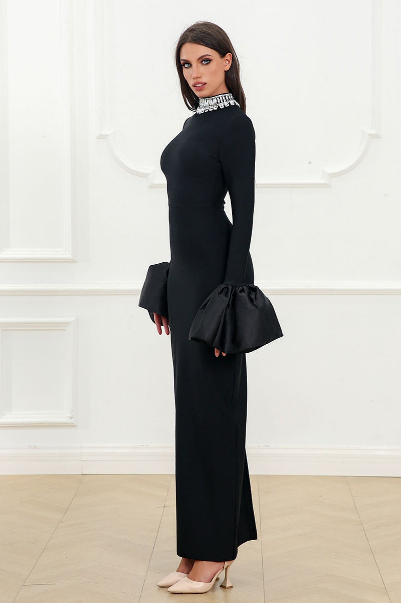 Rhinestone High Neck Puff Sleeve Bodycon Maxi Dress - View 6