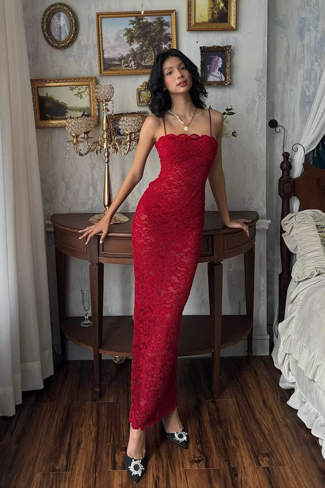 Lace Square Neck Spaghetti Strap Bodycon Maxi Dress - View 4