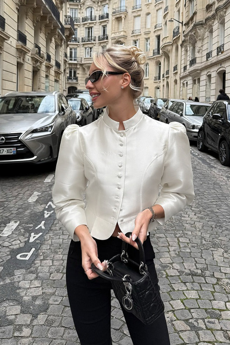 Mandarin Collar Puff Sleeve Blouse